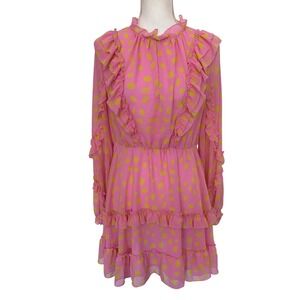Scoop Pink Yellow Polka Dot Ruffle‎ Mock Neck Long Sleeve Mini Dress M